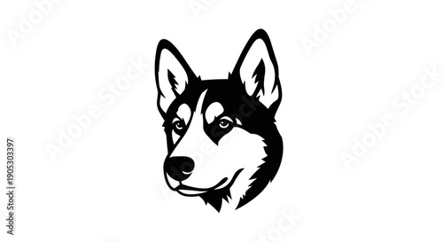 Black and White Husky Dog Head Silhouette Graphic.