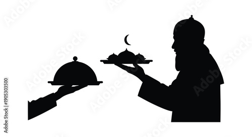 Silhouette of waiter serving food with crescent moon on a tray in a minimalist style