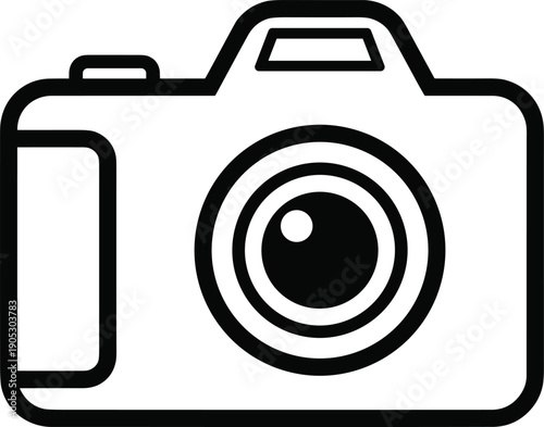 Vector illustration of camera silhouette with circular lens, photography symbol, digital design element for picture taking and creative graphics