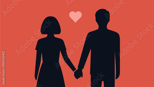 Silhouettes of a loving couple holding hands, with a prominent heart symbol above, representing romance, affection, and strong emotional connection between two people