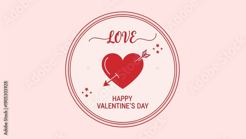 Sweet Valentine's Day illustration with a classic red heart pierced by an arrow, featuring 'LOVE' and 'HAPPY VALENTINE'S DAY' text within a charming circular frame for romantic themes and designs