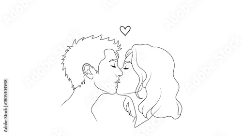 A tender line art illustration of a couple sharing a gentle kiss, with a small heart symbol above them, symbolizing love and affection