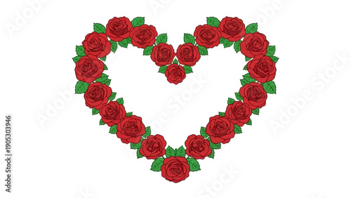 Elegant heart shape crafted from luscious red roses and fresh green leaves, a timeless symbol of passionate love and heartfelt romance, perfect for design projects and romantic greetings