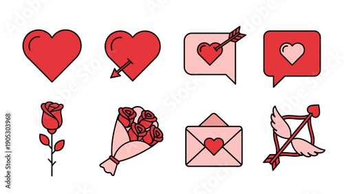 Vibrant collection of Valentine's Day love and romance icons, featuring hearts, roses, love letters, and cupid's arrow for romantic designs