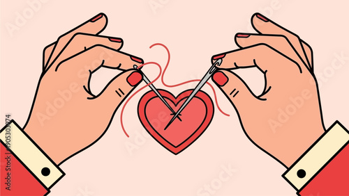 A vibrant illustration depicting human hands carefully mending a symbolic broken heart with needle and thread, representing love, healing, and relationship repair