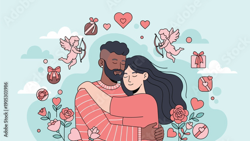 Embrace of love and affection a romantic couple sharing a tender moment surrounded by symbols of romance