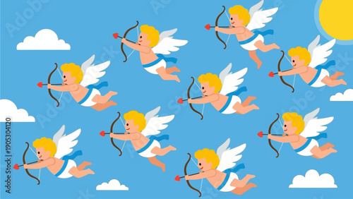 Cute illustration of multiple Cupids with bows and arrows flying in a blue sky with clouds and sun, representing love and romance, perfect for design projects and celebrations of affection