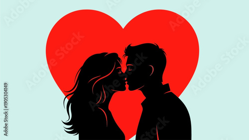 Silhouette of a couple in passionate kiss against a large red heart, symbolizing love and romance on a light blue background, ai generated image