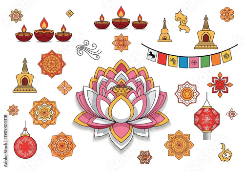Digital illustration of Hindu and Buddhist iconography lotus diyas stupas and prayer flags