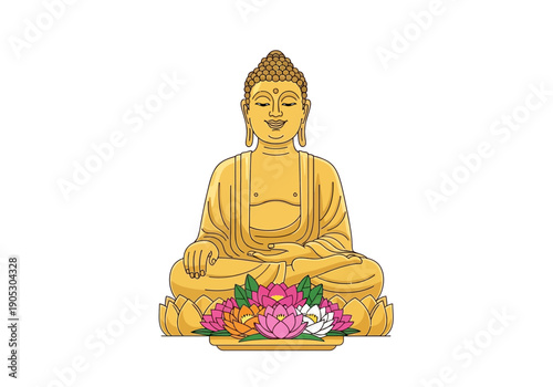 Gold Buddha statue seated on a lotus offering base with colorful flowers