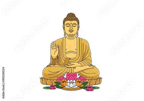 Golden Buddha seated on lotus flowers against a white background