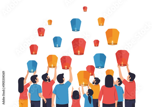 People releasing colorful sky lanterns against a white background