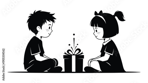 Two children sitting on the floor exchanging a gift between them. Vector