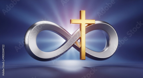 Golden cross intersecting silver infinity symbol with radiant light rays on blue background representing eternal faith and spirituality