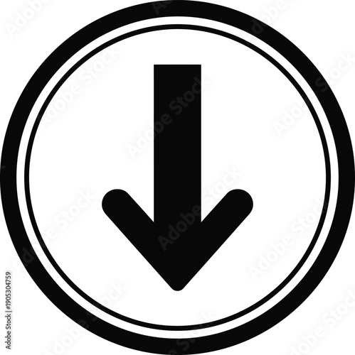 Vector illustration of downward arrow icon inside concentric circles symbolizing navigation, download, direction, and movement