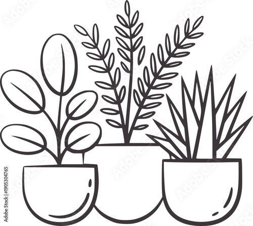 Minimalist hand drawn of three potted houseplants line green
