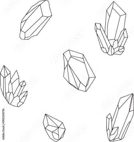 Minimalist line of various crystal formations quartz mineral rock