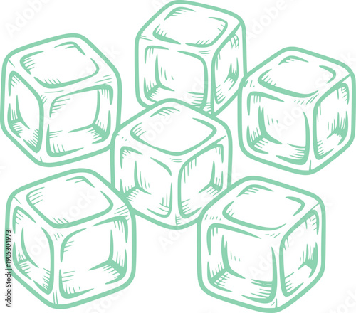 Six hand drawn ice cubes arranged in a circular pattern frozen drink refreshment
