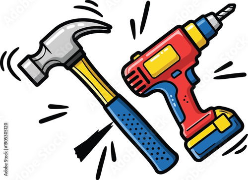 Illustration of a hammer and a power drill isolated on a white background in cartoon style