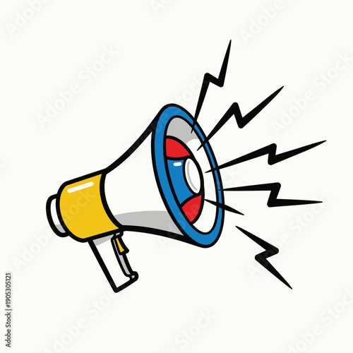 Cartoon illustration of a colorful megaphone with sound waves on a white background.