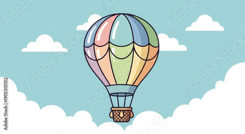 Colorful hot air balloon flying high in sky with fluffy white clouds and blue background