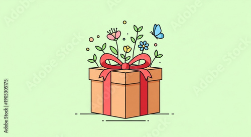 Brown gift box with red ribbon and colorful flowers emerging on light green background for birthday or celebration