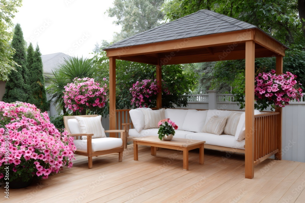 Fototapeta premium Outdoor living space with gazebo, deck, and petunias
