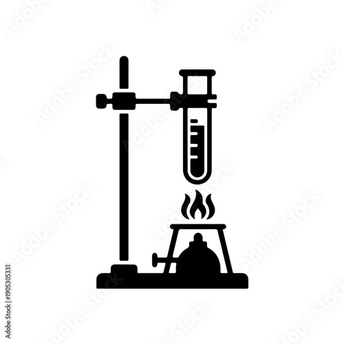 icon of a complete laboratory apparatus setup, featuring a retort stand securely holding glassware for scientific experiments. Perfect for educational materials, chemistry lab manuals, and STEM-relate