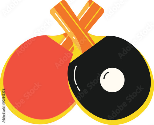 Vector illustration of crossed ping pong paddles in red and black with a small white ball.