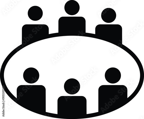 Vector illustration of five people sitting around oval table icon symbolizing teamwork, collaboration, meeting, conference, and group discussion