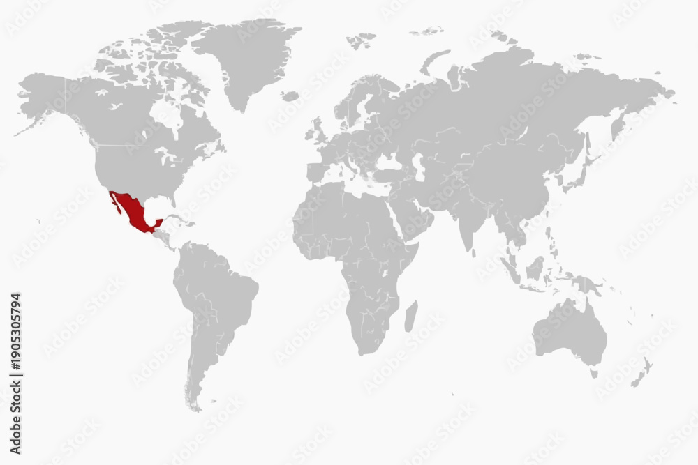 Fototapeta premium Full 2D World Map Vector with Mexico Highlighted red