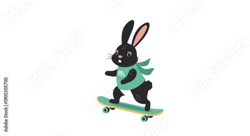 Black bunny rabbit skateboarding with scarf.