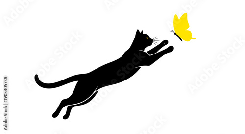 Black cat silhouette jumping to catch a yellow butterfly.