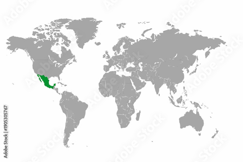 Full 2D World Map Vector with Mexico Highlighted in Green.