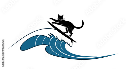 Black cat surfing a blue wave on a surfboard.