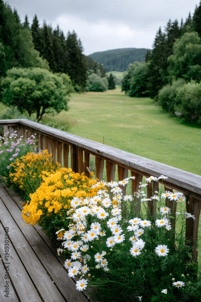 Obraz premium Flower boxes on wooden terrace overlooking green valley
