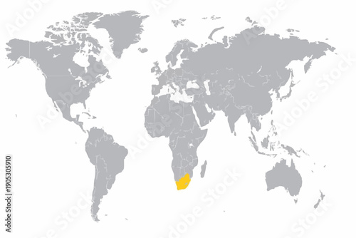 Full 2D World Map Vector with South Africa Highlighted in Yellow.