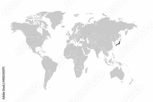 Full 2D World Map Vector with South Korea Highlighted in Deep Blue.
