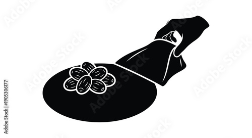 Black coffee beans in a bag with a flower design on a round surface