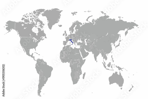 Full 2D World Map Vector with Switzerland Highlighted in blue