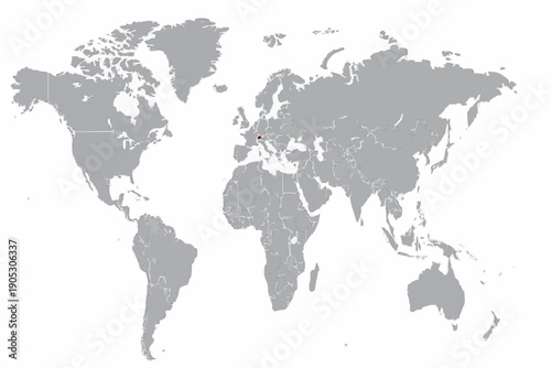 Full 2D World Map Vector with Switzerland Highlighted in Red.