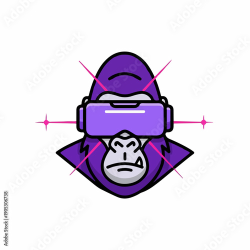 Gorilla wears vr headset with purple hood