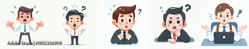Cartoon Style Businessman Character with Question Mark and Confused Expression Illustration
