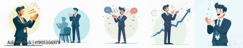Modern Cartoon Style Businessman Clapping Hands with Various Scenarios Illustration