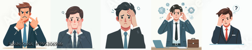 Cartoon Style Illustration of Stressed Businessman Different Expressions Character Set