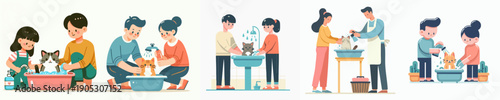 Simple Style Illustration of Family Giving Pet Cat A Bath