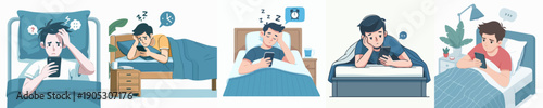 Modern Flat Man using Smartphone in Bed Late at Night Illustration