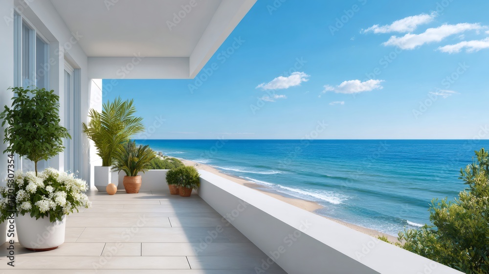 Naklejka premium Modern balcony looking out at ocean beach view