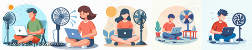 Flat Illustration People Working from Home with Cooling Fan Lifestyle