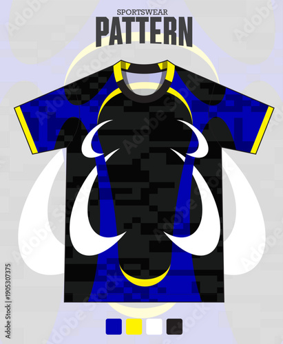 Dynamic abstract pattern for fabric textile design. Sport shirt cutting template for football, soccer, basketball, cycling, running, rugby, baseball, racing, or sportswear. Sewing pattern for apparel.